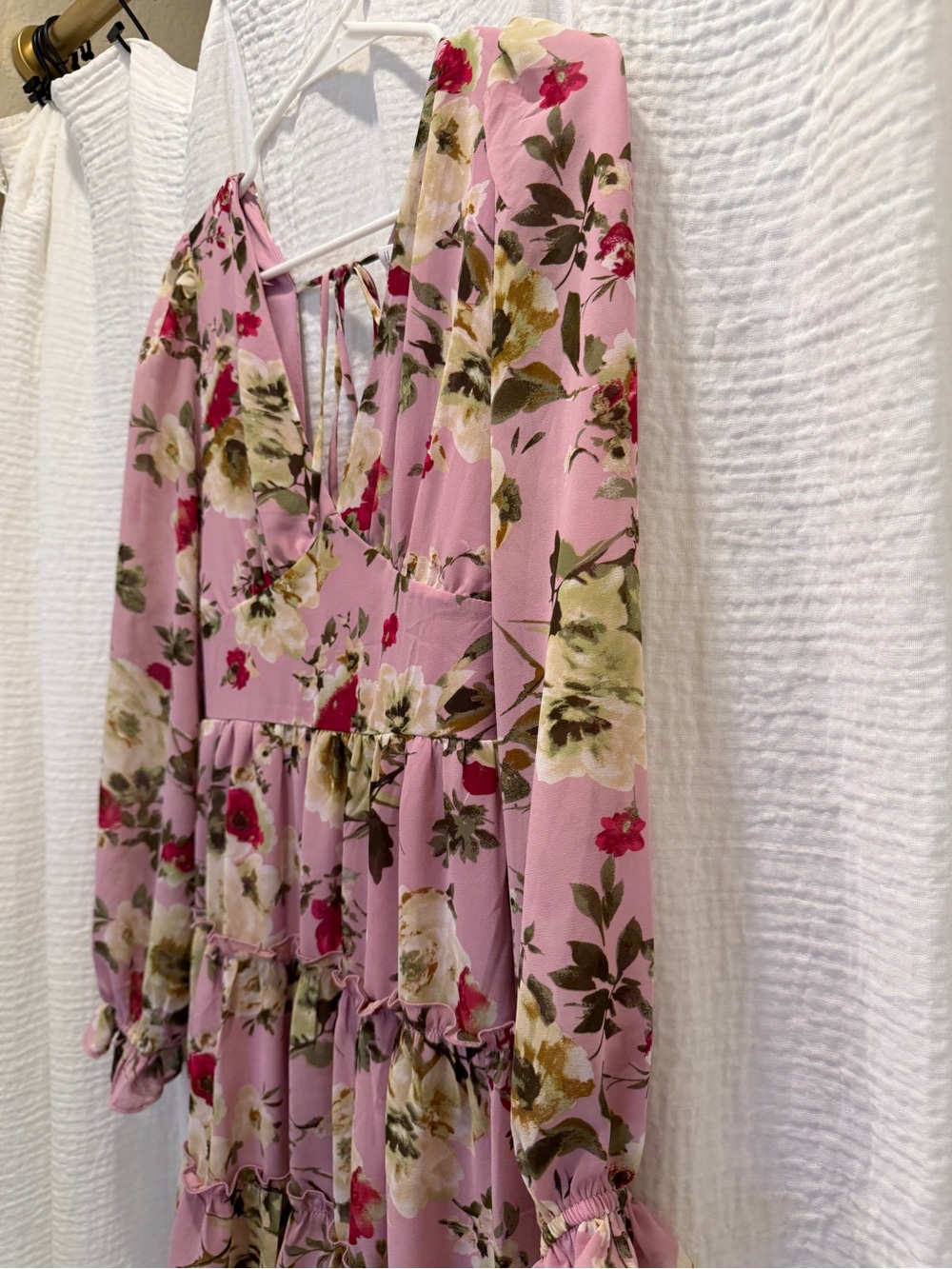 LUSH Pink Floral Open Back Tiered Mini Dress Long Sleeve - Picture 4 of 7